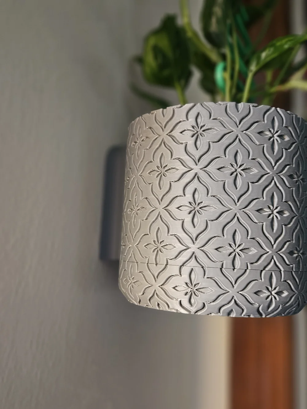 Decorative Gray Hanging Planter with Floral Relief Pattern - 3d Printed